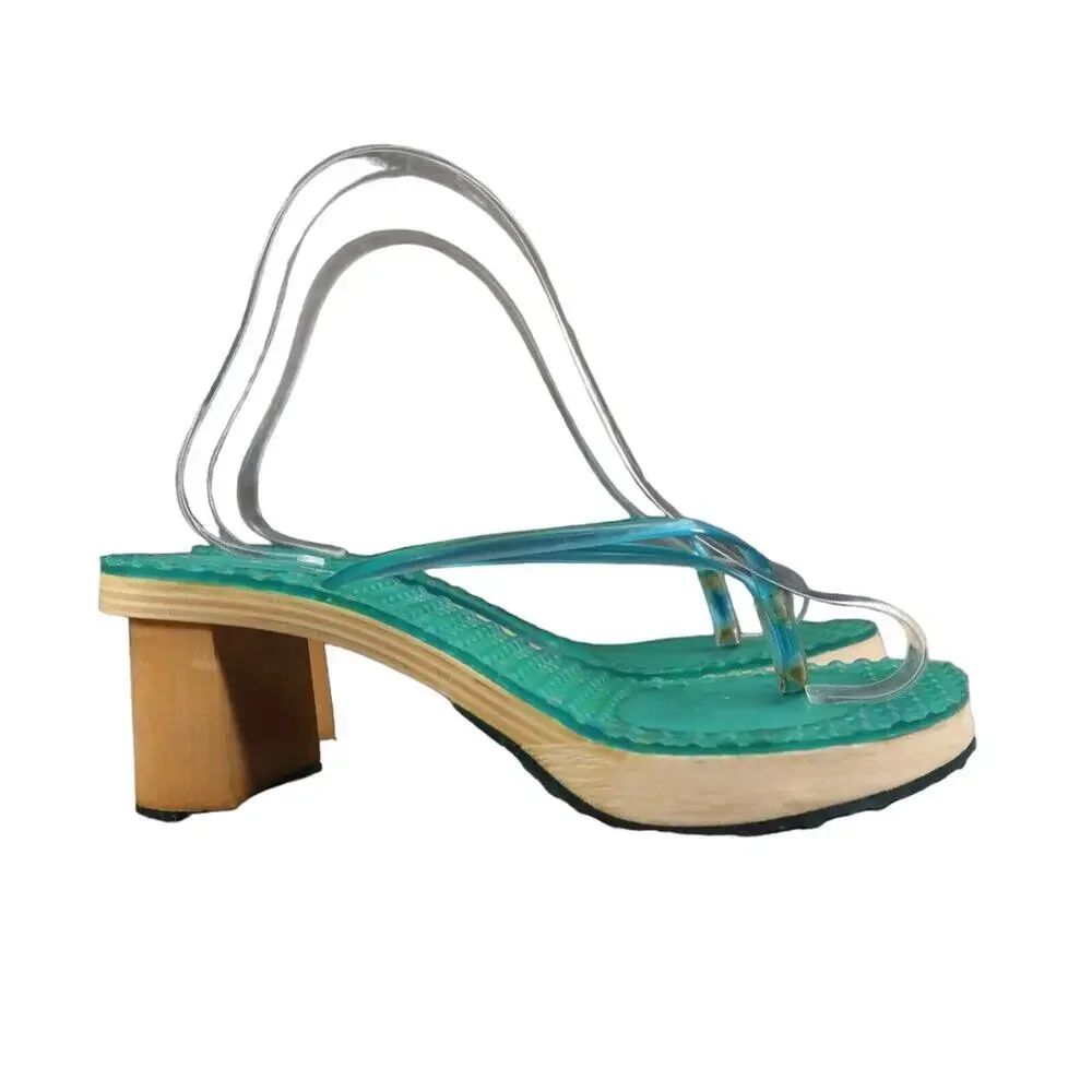 On Your Feet Womens 6.5 Sandals Retro 90's Y2k Block Heel Flip Flop Massage Blue
